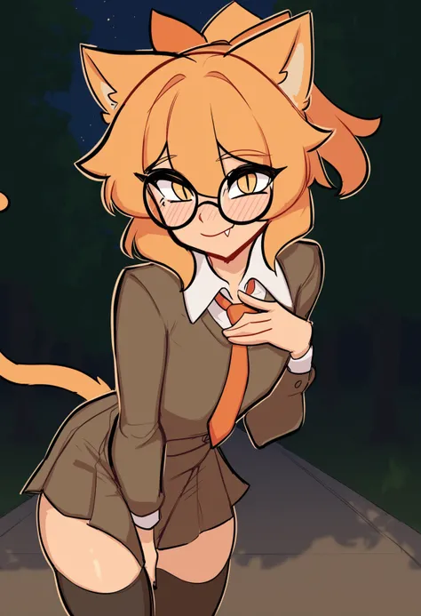 score_9, score_8_up, score_7_up,
solo,1femboy, skinny, light orange cat ears, light orange cat tail, ponytail, air_ bangs, (light orange hair), yellow eyes, slit pupils, round glasses,
thighhighs,dress, school uniform, necktie, hair ribbon,
blush, smile, f...