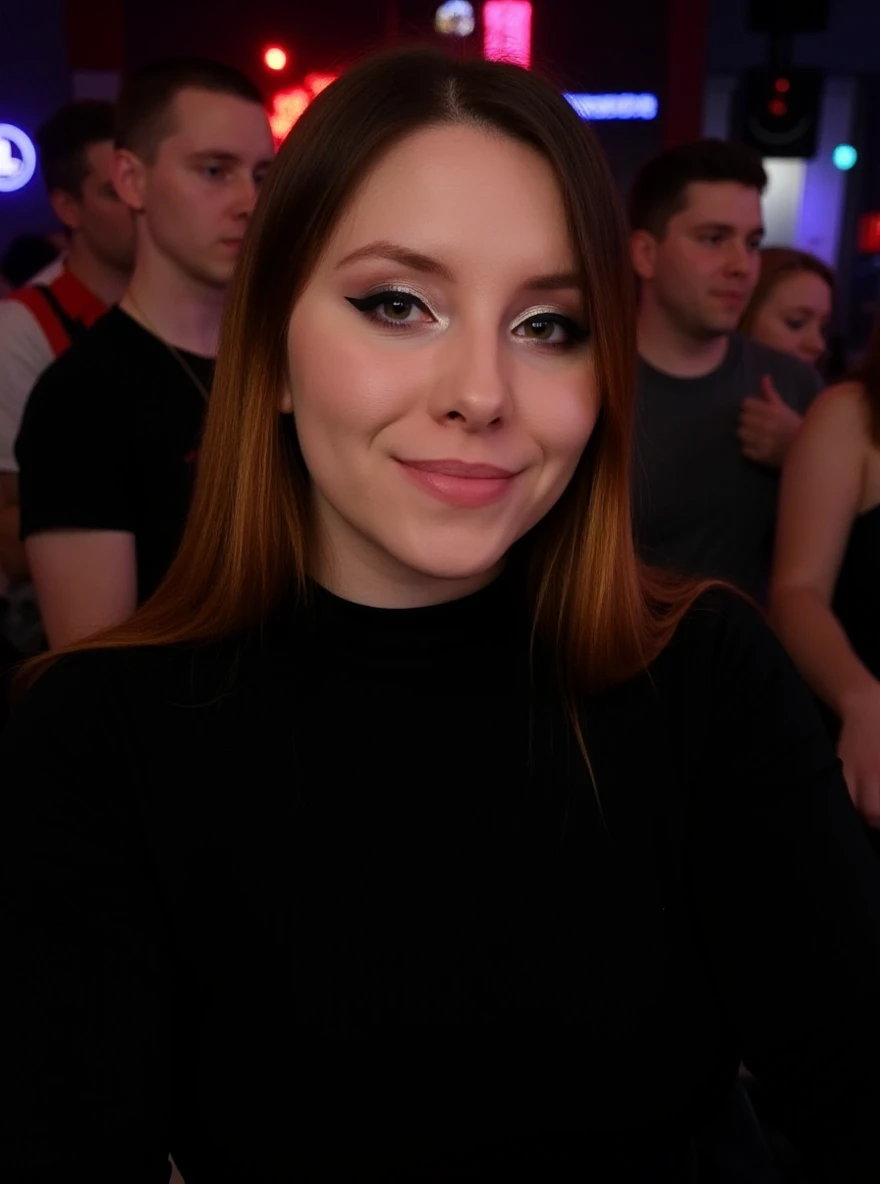 Portrait photo of yummyg1rl woman, black turtleneck blouse, in a night club, makeup, smile

