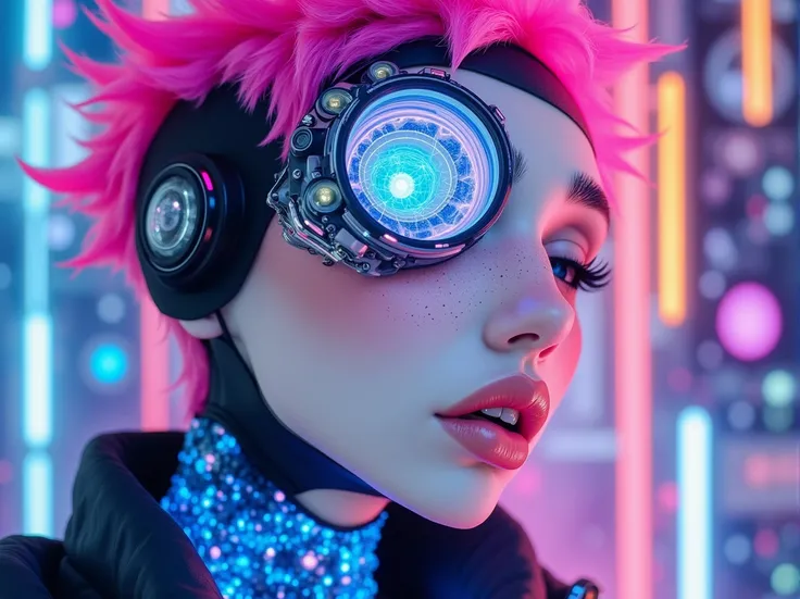 w3ird1, A close-up of a cyberpunk woman with neon blue circuitry glowing beneath her translucent skin, a mechanical eye scanning data streams, and vibrant pink hair styled in sharp, futuristic spikes