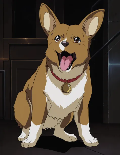 <lora:Faye_Valentine_and_Ein_Cowboy_Bebop:.8>anime coloring, anime screencap, 1990s (style), retro artstyle, Ein (dog), dog, no humans, collar, animal focus, indoors, open mouth, animal, tongue, solo, Pembroke Welsh Corgi