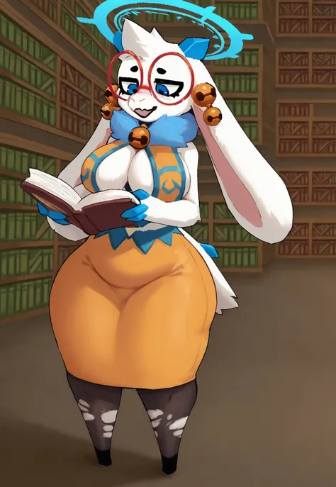 safe_pos, , Angela, goat, venus body, extra thicc thighs, floppy ears, big breasts, blue eyes, white fur, white body, bell collar, neck tuft, round glasses, blue horn, tall, long tail, orange pencil skirt, halo, torn stockings, happy, solo, alone, one girl...