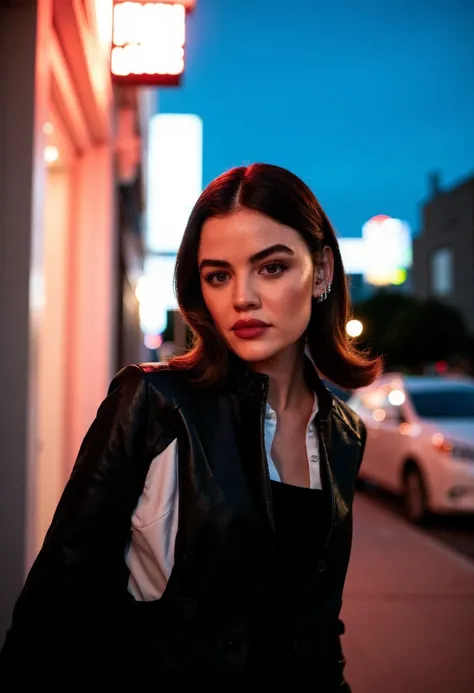 {   "T5": "A cinematic portrait of Lucy Hale, captured in a high-quality photo using a Canon EOS R5 camera with a 50mm f/1.2 lens, set to an aperture of f/2.8 for a shallow depth of field. The image is shot on Kodak Portra 400 film to enhance the warm, nat...