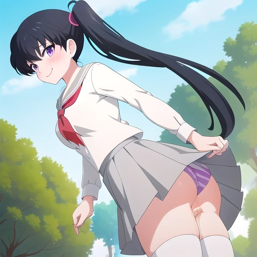 Professional illustration, scenery in a park in the rain, stheberekuniform, stheberek, Kodachi, purple eyes, long ponytail, big breasts, narrow waist, wide hips, well-defined butt, sexy, wet,pussy juice dripping down her legs, blushing, lascivious smile,,<...