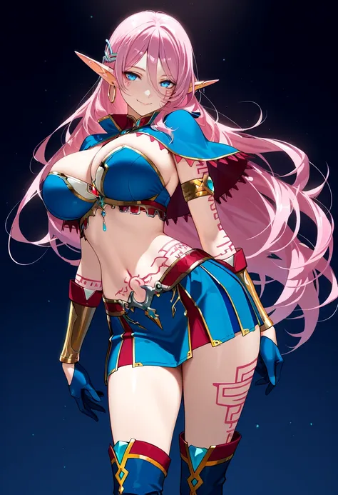 masterpiece, best quality, 1girl, solo, pink hair, blue eyes, elf, pointy ears, facial tattoo, earrings, hair ornament, brassiere, capelet, layered skirt, tattoos,  blue clothes,   gold trim, red trim, blue gloves, bracer, armlet, cowboy shot, slim waist, ...