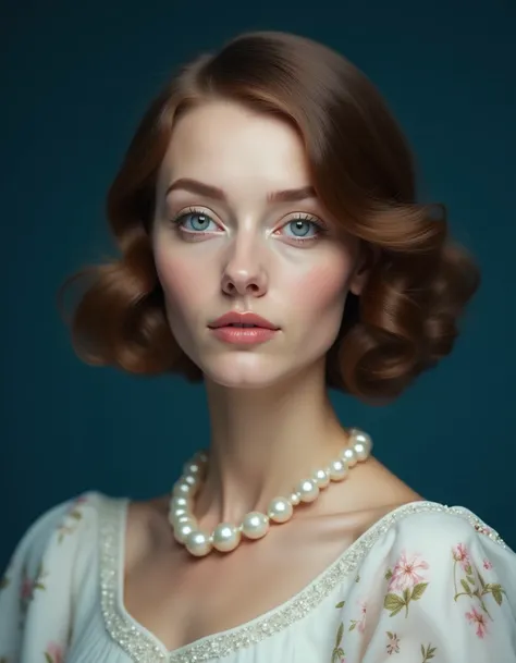 a portrait of a old lady Face Doe <lora:face-doe-flux:1> with brown short straight hair and blue eyes. She is wearing a white dress with a floral pattern and a pearl necklace. The background is a solid blue color. The woman is looking directly at the camer...