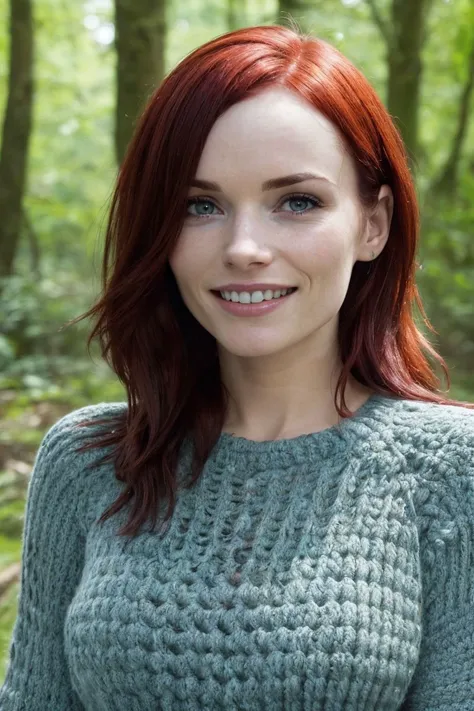 headshot of S641_LeilaSmith,a gorgeous woman,in a (forest),wearing a (crocheted sweater),(long wet hair),(smiling),(4k, RAW photo, best quality, 50mm, depth of field, ultra high res, intricate, photorealistic, cinematic-shot, masterpiece, ultra-detailed)