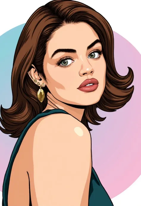 {   "T5": "A portrait of Lucy Hale depicted as a flat color vector line art drawing in the style of Milo Manara. The image should capture her likeness with smooth, clean lines and bold, vibrant colors. Lucys pose should be elegant and slightly dynamic, wit...