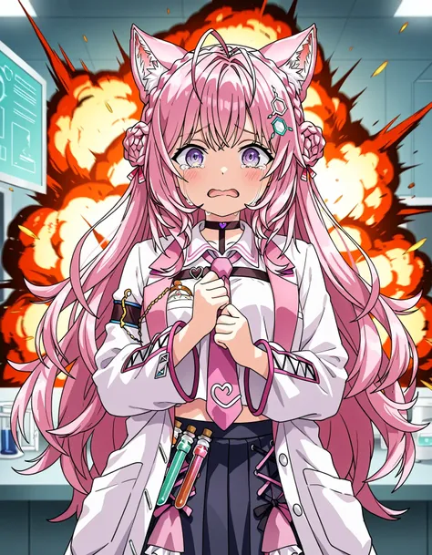 1girl,official style,masterpiece,best quality,newest,absurdres,highres,very awa,hakui koyori,laboratory,explosion,the white coat is involved in the explosion,tearing_up,crying,