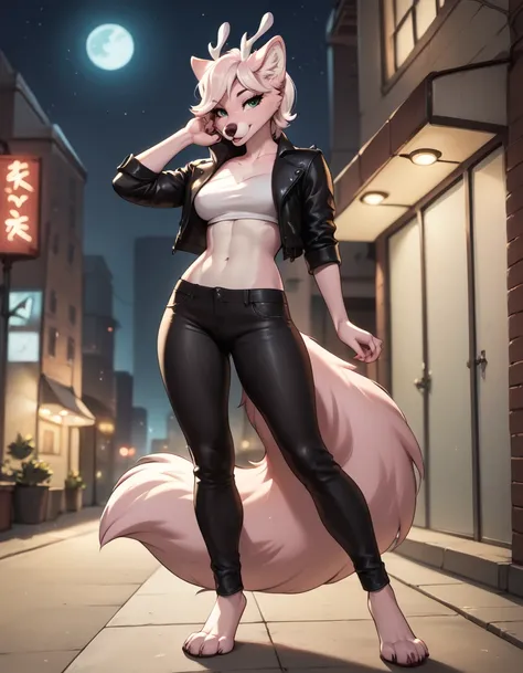 score_9,score_8_up,score_7_up,score_6_up,
outdoors,city,night, night sky, full moon, 
full body,seductive smile,parted lips,long eyelashes,
leather pants,tube top, leather jacket, standing, pose, 
<lora:Marshmallow_v01_PDXL:1>,Marshma110w,1girl,solo,furry ...