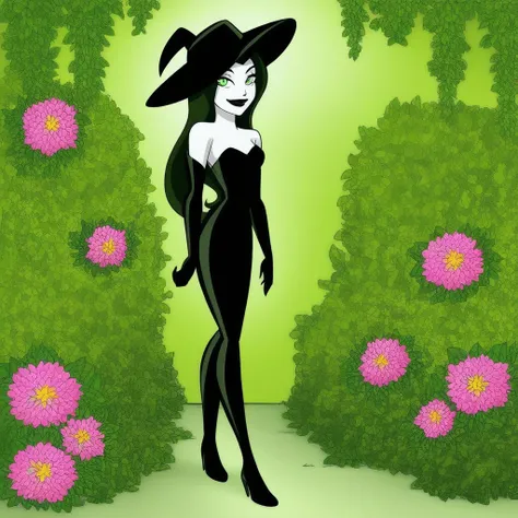 solo, black lips, black dress, bare shoulders, long hair, flower, green eyes, elbow gloves, hat, smile, full body