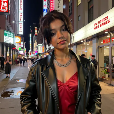 <lora:Bryana_Salaz_Flux:1> A close-up.  Bryana in a black faux leather jacket over a red satin camisole. Her dark brown hair is styled in a messy bun with loose tendrils framing her face. She accessorizes with layered silver necklaces and a pair of stateme...