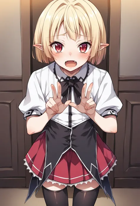 score_9, score_8_up, score_7_up, score_6_up, score_5_up, score_4_up, masterpiece, source_anime, 1boy, trap, androgynous, c-gasper, blonde hair, short hair, red eyes, pointy ears, dress shirt, short sleeves, black neck ribbon, black underbust, tailcoat, red...