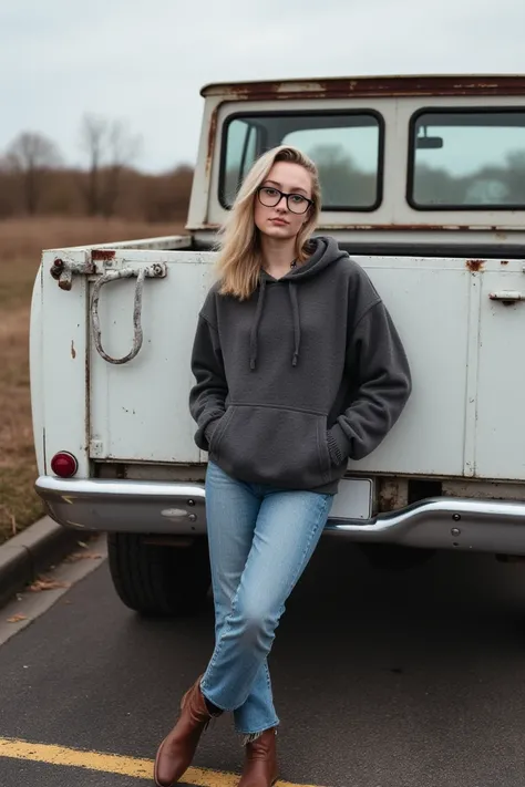 portrait photograph of a 20 year old woman with glasses. She has blond hair and is wearing glasses. She is wearing a dark grey hoodie, jeans  and boots. She is standing on a parking lot, leaning back against an old decrepit white pickup truck. Front angle ...