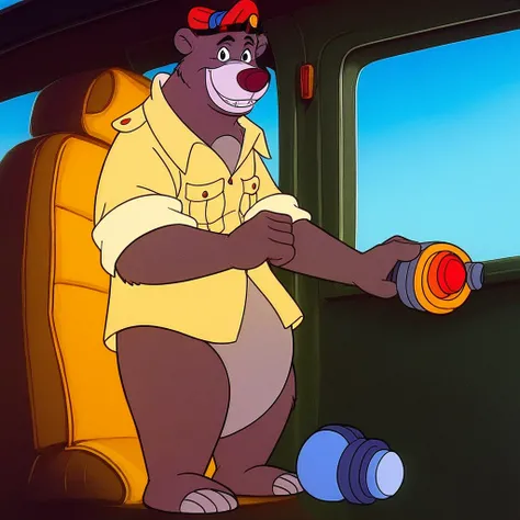 close up, hat, backwards hat, bear ears, Baloo s face, smile, yellow shirt, blue sky, day, full body, looking at viewer, teeth, sleeves rolled up, car interior, animal, animal ears, 1boy, standing, solo