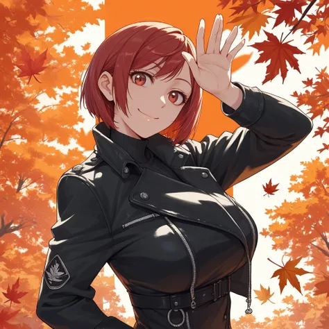 TsuyoshiTakakiStyle, score_9, score_8_up, score_7_up, 1girl, autumn, autumn leaves, black and white military outfit, bob cut, breasts, black leather jacket, closed mouth, coat, large breasts, leaf, leaf background, long sleeves, looking at viewer, medium h...