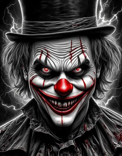 ((hyperrealist ,art,surrealist art)),babel-dark, male focus, 1boy, blood, solo, hat, smile, grin, top hat, clown, teeth, looking at viewer, horror (theme), crazy eyes, blood on face, evil smile, evil grin, blood on clothes, lightning((16k,hyperdetailed,hig...