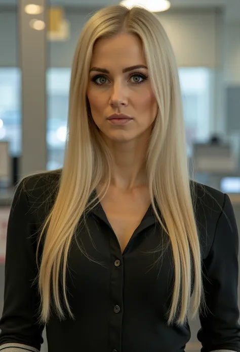 A realistic photograph of B3NZ, a woman with long blonde hair in an office environment.