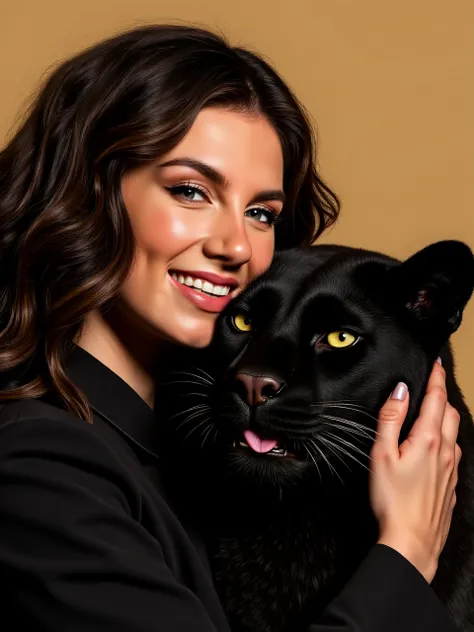 This is a photorealistic picture of beautiful m44n, wavy dark brown hair, green and yellow eyes, She is hugging a large black panther, she kisses the panthers cheek, her hand patting the panthers head. Sunset light through the trees casting subtle shadows ...