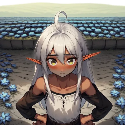 barefoot, looking at viewer, 1boy, collarbone, 1girl, blue flower, dark-skinned female, flower, portrait, hands on hips, bare shoulders, squatting, lapanya, snout nose, long sleeves, upper body, ahoge, dark elf, braid, outdoors, shorts, white background, b...