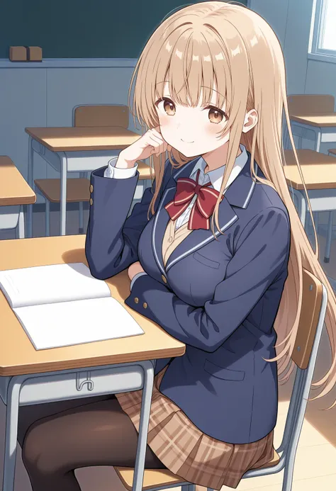 1girl, aamahiru, long hair, brown hair, brown eyes, breasts, school uniform, red bowtie, collared shirt, white shirt, blazer, blue jacket, long sleeves, plaid skirt, brown skirt, black pantyhose, <lora:shiina_mahiru_ilxl_v1:0.9>, sitting, classroom, desk, ...