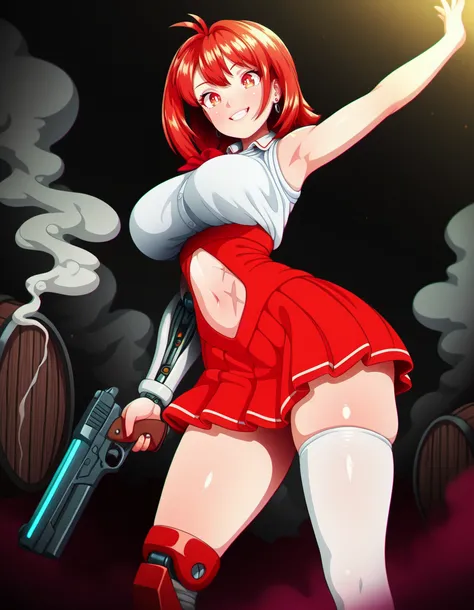 <lora:tsundero_-_yuuka_yoshii_il:1> tsundero_-_yuuka_yoshii, red_hair, short_hair, jewelry, earrings, red_eyes, school_uniform, red_ribbon, white_shirt, pleated_skirt, shadow, contrast, glow, neon_trim, (neocoill:1.2), 1girl, armpits, bare_shoulders, black...