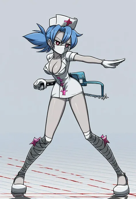 1girl, blue hair, tied hair, blood red eye, cross-shaped pupil, bandaged patch on right eye, grayish skin, short white nurses dress, white nurses hat, white face mask, white gloves, leg bandages, shurikens pink on the knees