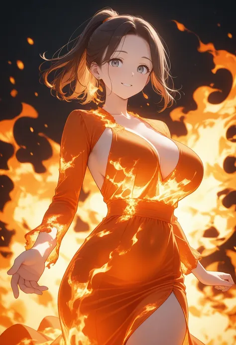 dressof ire, dress of fire, fire dress,cowboy shot, 1girl,,20yo, brown hair, gray eyes, (large breast:1), (ponytail:1.1), medium hair,(curvy:1.1),bangs,
 pov ,  looking away , looking at viewer, evening dress, earings, looking at viewer, simple background,...