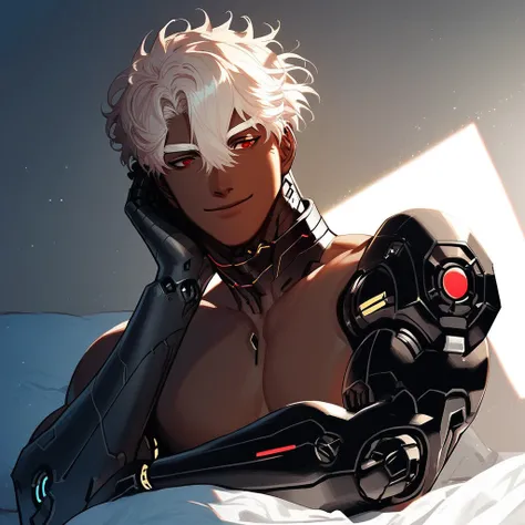 score_9, score_8_up, score_7_up, anime, best quality, brown skin, 1male, white blond eyebrows, bonde hair, styled hair, short hair, white blonde hair, hair between eyes, red eyes, brown skin, handsome, Roman nose, toned, , , Android, robotic neck, robotic ...