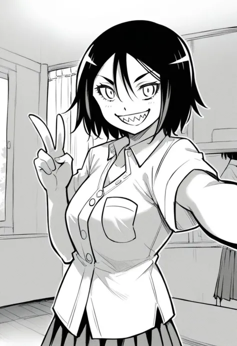 score_9, score_8_up, score_7_up, 1girl, solo, s4kur4koMT, black hair, short hair, sharp teeth, looking at viewer, smile, v, selfie, school uniform, short sleeves, pleated skirt, indoors, monochrome, manga