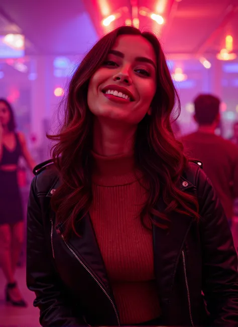 She is on a dance floor in a nightclub. The lights are on her. She is wearing a sweater and a leather jacket. She has very red lipstick. She dances. She is happy. Portrait photo. beautiful eyes, perfect quality, 8k, noise, 8k uhd, dslr, ultra high quality ...