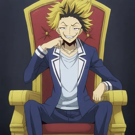 Tsunekichi, multicolored hair, blond hair, black hair, two-tone hair, evil grin, smirk, lazily sitting on throne