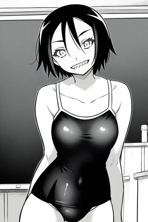 score_9, score_8_up, score_7_up, 1girl, solo, s4kur4koMT, black hair, short hair, sharp teeth, looking at viewer, smile, school swimsuit, one-piece swimsuit, cowboy shot, indoors, monochrome, manga