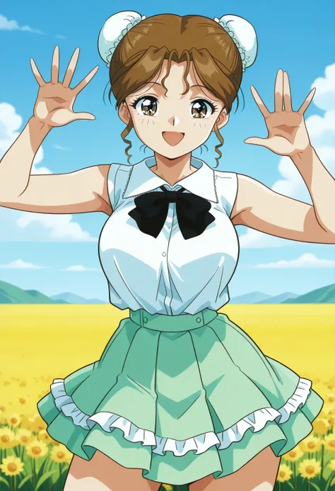 sr5_akira, retro artstyle, brown eyes, brown hair, bun cover, black bowtie, collared shirt, white shirt, sleeveless, green skirt, frills skirt, <lora:SR5_akira_illustrious_ver1:0.8> 
smile, open mouth,, masterpiece, best quality, sensitive,, 1girl, solo, (...