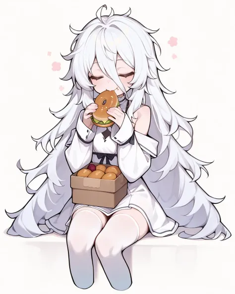 absurdres,newest,cute_style01f1,NO.6,1girl,long hair,white hair,solo,messy hair,closed eyes,sitting,thighhighs,small breasts,box,very long hair,food,hair between eyes,simple background,eating,smile,bare shoulders,white background,sleeves past wrists,dress,...