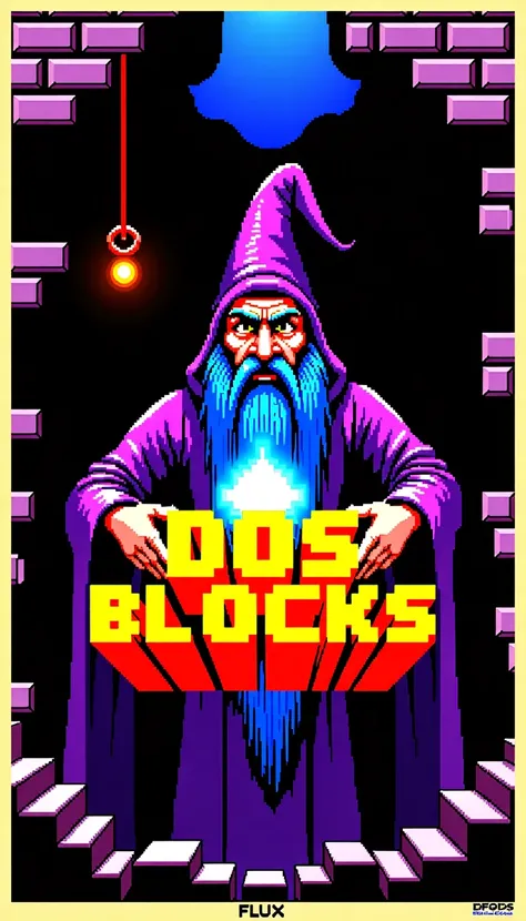 <lora:EverlyHeightsAnthologyFLUX:1> DOS Blocks FLUX: A pixel-art poster of a wizard with a long blue beard holding a glowing block of light, set against a retro, DOS-style dungeon backdrop. The text "DOS Blocks" is in bold, blocky yellow font, evoking the ...