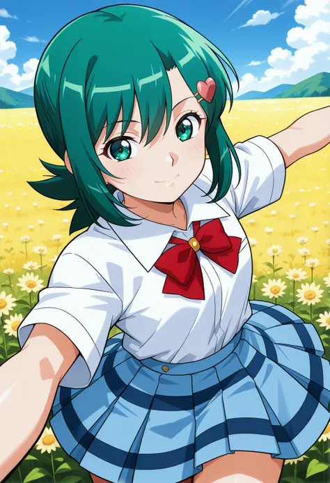 sr5_hinako, green eyes, green hair, short hair, hairclip, heart hair ornament, school uniform, red bowtie, white shirt, collared shirt, short sleeves, blue skirt, plaid skirt, <lora:SR5_hinako_illustrious_ver1:0.8> 
smile,, masterpiece, best quality, gener...