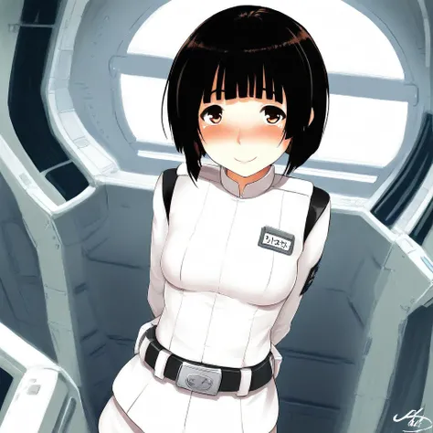 masterpiece, 1440p, 8k, UHD, amazing quality, high resolution, hoshijiro-shizuka, 1girl, solo, short hair, brown eyes, uniform, signature, black hair, bob cut, belt, arms behind back, smile, blush, blunt bangs, white uniform, name tag, looking at viewer, b...
