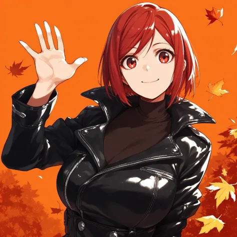 TsuyoshiTakakiStyle, score_9, score_8_up, score_7_up, 1girl, autumn, autumn leaves, black and white military outfit, bob cut, breasts, black leather jacket, closed mouth, coat, large breasts, leaf, leaf background, long sleeves, looking at viewer, medium h...