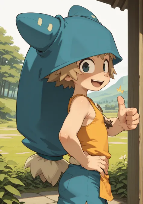 masterpiece,best quality,amazing quality, solo, 1boy,  <lora:IlluYugo:1> illuyugo, black eyes, blonde hair, blue hat, smile, yellow sleeveless top, blue shorts, looking at viewer, thumbs up, from side, open mouth, outdoors, hand on own hip, outstretched ar...