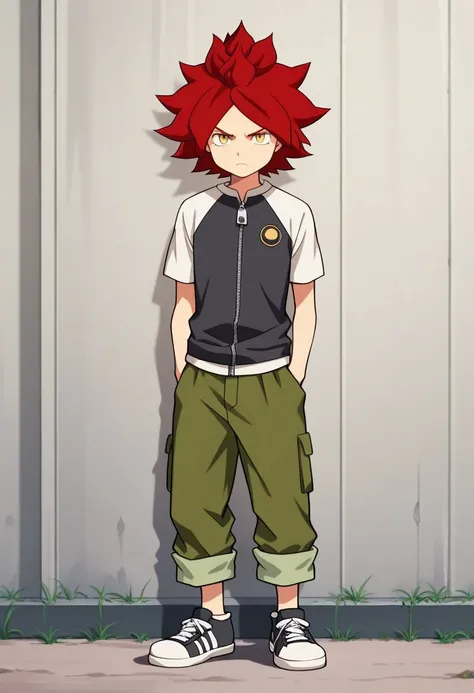 masterpiece, best quality, 

nagumo, 1boy, male focus, solo, yellow eyes, red hair, spiked hair, shirt, raglan sleeves, short sleeves, multicolored shirt, black and brown shirt, zipper, zipper pull tab, pants, green pants, rolled up pants, shoes, sneakers,...