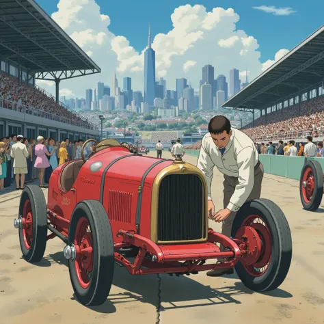  In the bustling atmosphere of a pre-race stadium, a meticulous race car driver from the 1920s carefully inspects one of the wheels on his vibrant red racing machine. The vehicle, with its sleek design and prominent front grille, is parked on the track as ...