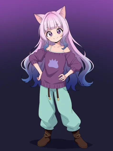 best quality, hrgm, lineart, baggy pants, cat ears, wide-eyed, gradient hair, purple eyes, very long hair, camisole, closeup, looking at viewer, sweater, boots, smile, hand on hip, posing,
 <lora:HRGM_PonyXL_Style:1>