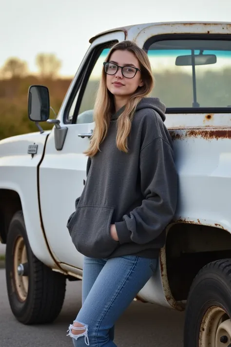 portrait photograph of a 20 year old woman with glasses. She has blond hair and is wearing glasses. She is wearing a dark grey hoodie, jeans  and boots. She is standing on a parking lot, leaning back against an old decrepit white pickup truck. <lora:Leanin...