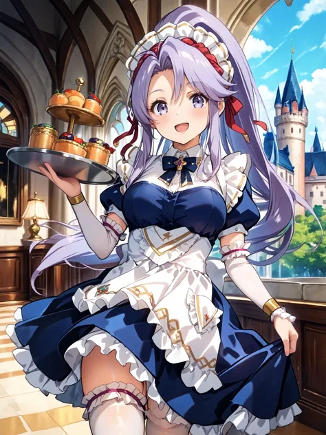 masterpiece,best_quality,1girl,solo,<lora:tailtiu feh 3outfits_illustriousXL:0.8>,maid tailtiu,bridal gauntlets,bowtie,dress,apron,thighhighs,cowboy shot,standing,smile,open mouth,looking at viewer,holding tray,castle,indoors