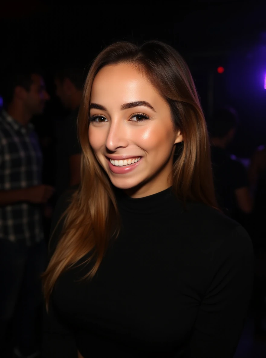 Portrait photo of b34tr1zc0rb3tt woman, black turtleneck blouse, in a night club, makeup, smile

