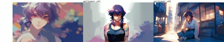 , score_9, score_8_up, score_7_up, score_6_up, 1girl, kusanagi-motoko, solo, pastel-colors, watercolor, vibrant, purple-theme, dark-theme, source_anime, wallpaper, wallpaper-kai