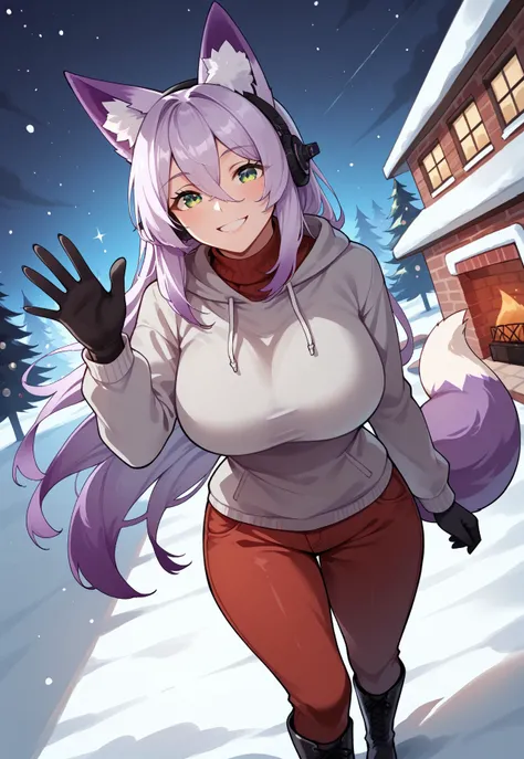 masterpiece, best quality, Morgan_OC, foxgirl, fox ears, fox tail, dynamic pose, dynamic angle, smile, waving, Christmas