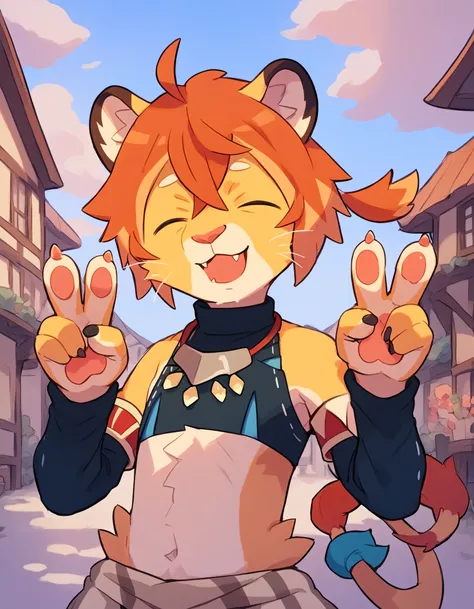 core_9, score_8_up, score_7_up, rating_questionable, source_furry,
masterpiece,best quality,
(kemono:0.8), furry,
(male:0.5), young, (slim:0.7),
detailed fur,
animal ears,
(smile:0.5), happy, v sign, blue sky, town, scenery, double v sign, eyes closed, upp...