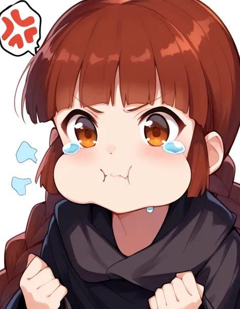 <lora:Grgrkukuri_SDXL_Illustrious01_fp16_ver01:1>,Grgrkukuri,1girl,solo,  blunt bangs,braid, brown eyes, twin braids,brown hair,black robe,v-shaped eyebrows, puffy cheeks,streaming tears, upper body, spoken anger vein,, masterpiece, best quality, very aest...