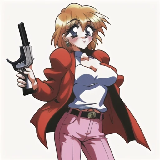 Milly_Feria_Nocturne, young girl, blouse, red jacket, weapon, marksman pose, pants, blue eyes, smile, white blouse, jacket, pistol, breasts, pink pants, blonde, open jacket, white background at right, looking at viewer, gun, 20yo, person at left, short hai...